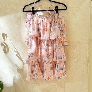 Just Me Pink Floral Halter Tiered Ruffle Top Dress Smocked Bodice Large